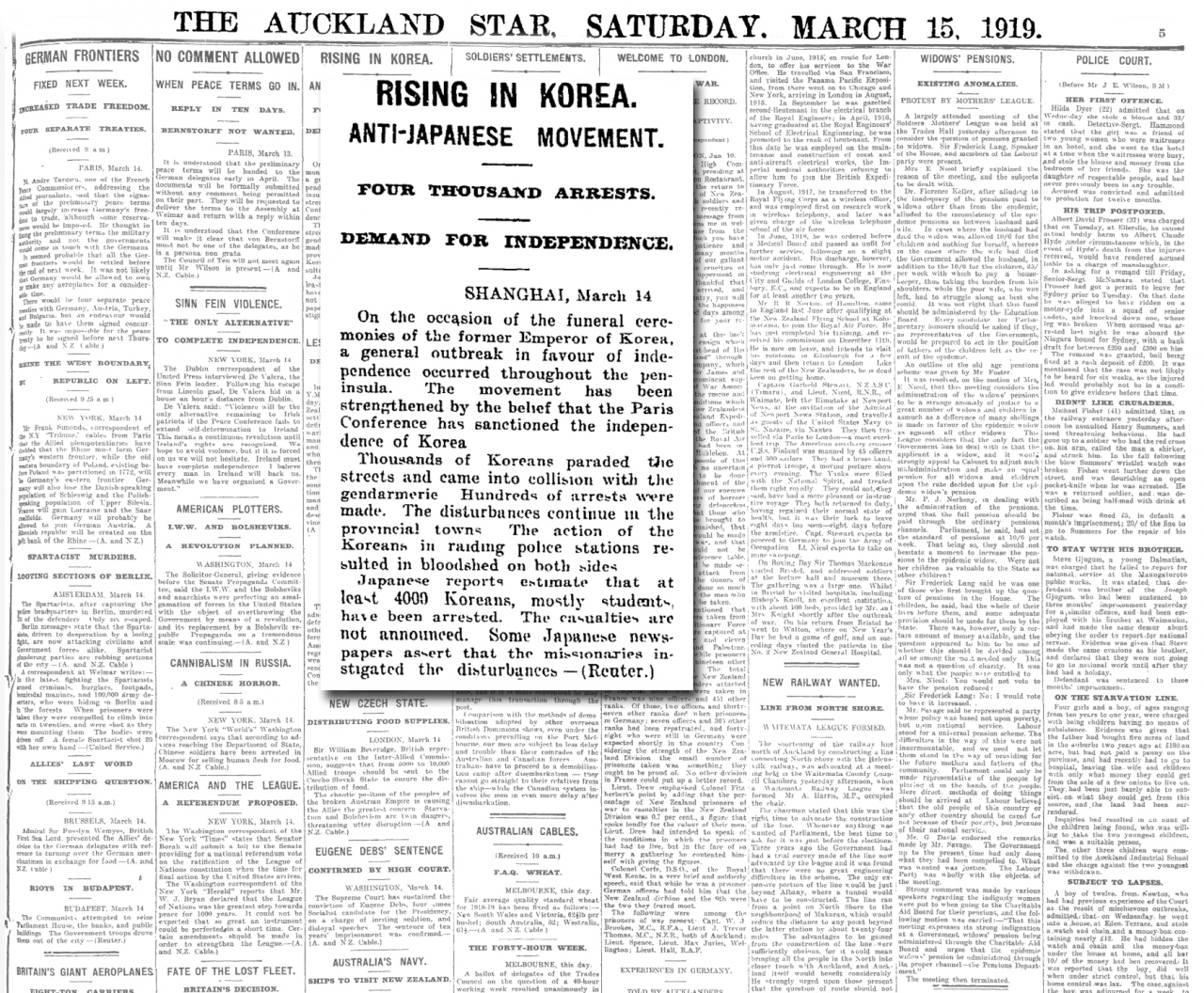 1919년 3월15일 오클랜드 스타지는 'Rising in KOREA'라는 제목으로 3.1운동 소식을 전했다.