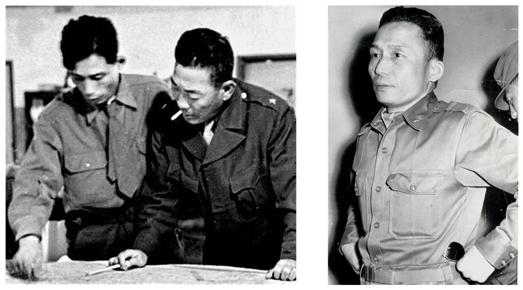 소령 때의 박정희(왼쪽 사진, 1948, 광주 반군토벌사령부에서)와 소장 때의 박정희(국가재건최고회의, 1961)