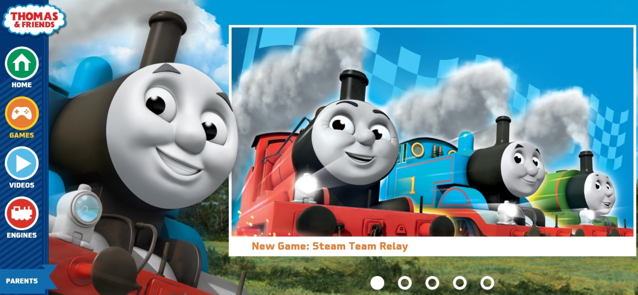 Mattel Playroom 웹사이트에 있는 토마스와 기차들. 게임, 색칠 놀이, 동영상 감상 콘텐츠가 있다.