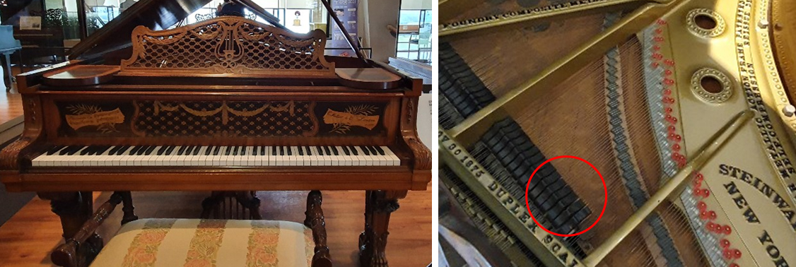 9피트 그랜드 피아노, 스타인웨이, 1897년. 1862년 독일출신의 알버트 웨버가 미국 뉴욕에 매장을 열고 판매하였다. 건반을 누르면 해머가 줄을 치면서 소리가 난다. 당시 웨버 피아노의 가격은 1400불로 빅토리아 시대의 대저택을 살 수 있는 금액이었다고 한다.