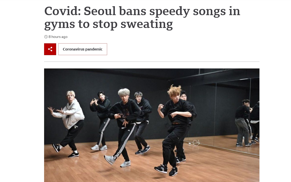 BBC가 ‘Covid: Seoul bans speedy songs in gyms to stop sweating’라는 제목의 기사를 통해 한국의 거리두기 정책에 대해 소개했다.[BBC 캡쳐]