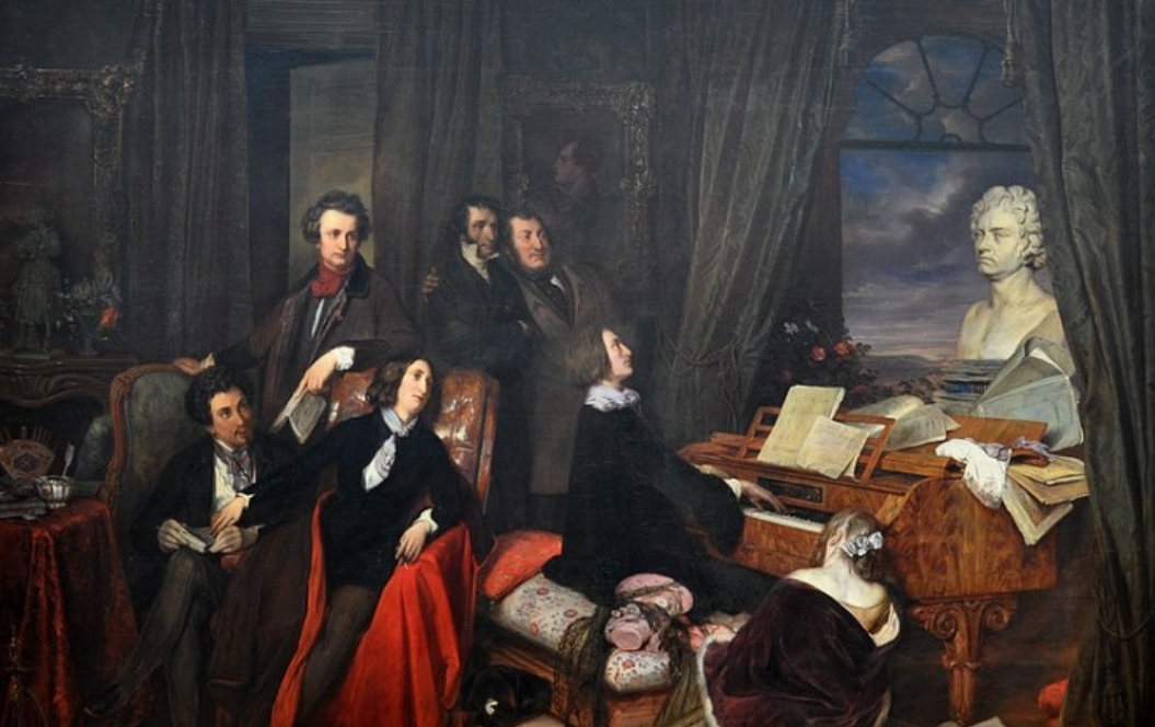 ‘피아노를 치는 리스트’: 왼쪽부터 알렉상드르 뒤마, 빅토르 위고, 남장을 한 조르주 상드, 파가니니, 로시니, 피아노를 치는 리스트, 마리 다구 백작부인, 석고상은 베토벤이다.[사진=위키백과]