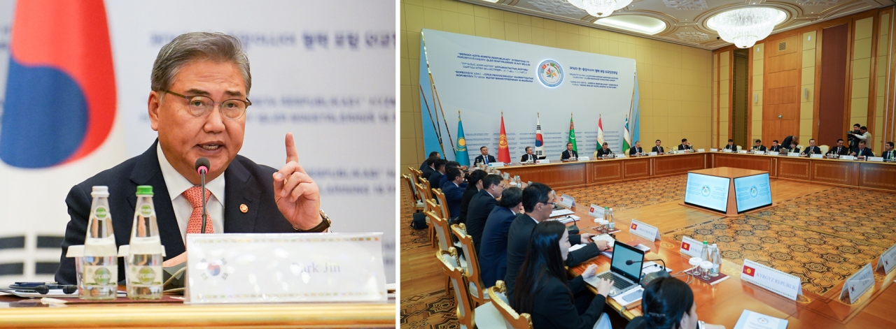 박진 외교부 장관(왼쪽 사진)이 지난 11월 1일 투르크메니스탄의 수도 아시가바트에서 열린 제16차 한-중앙아 협력포럼에 참석해 기조연설을 했다.[사진=외교부]
